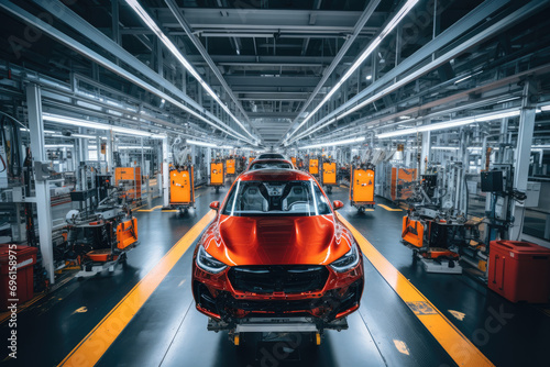 Modern car factory top view. Generative AI.