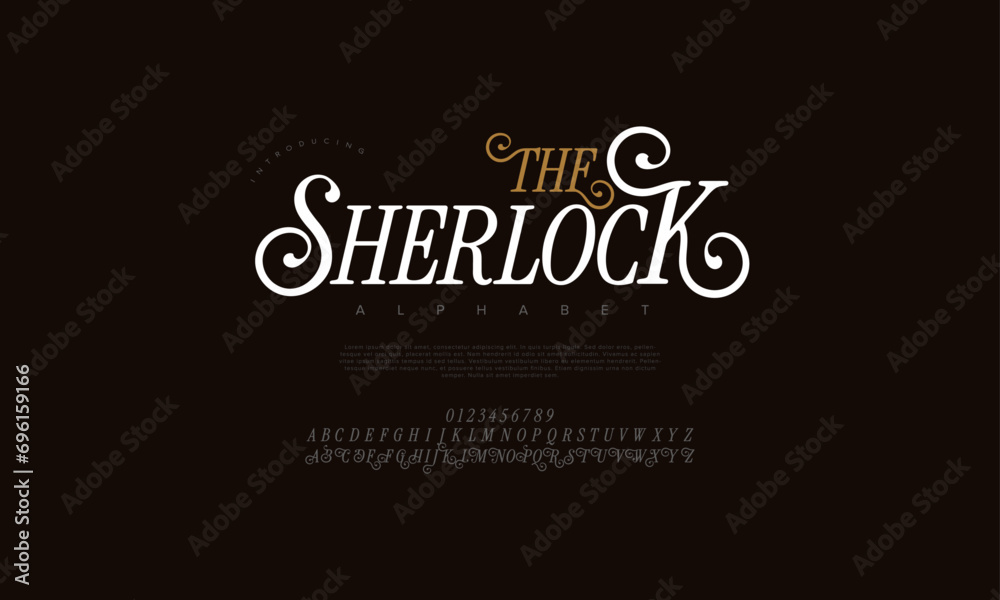 Thesherlock premium luxury elegant alphabet letters and numbers. Elegant wedding typography classic serif font decorative vintage retro. Creative vector illustration Thesherlock premium luxury elegant alphabet letters and numbers. Elegant wedding typography classic serif font decorative vintage retro. Creative vector illustration