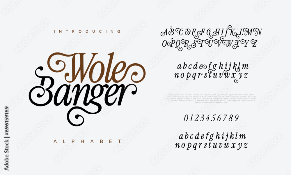 Wolebanger premium luxury elegant alphabet letters and numbers. Elegant wedding typography classic serif font decorative vintage retro. Creative vector illustration Wolebanger premium luxury elegant alphabet letters and numbers. Elegant wedding typography classic serif font decorative vintage retro. Creative vector illustration