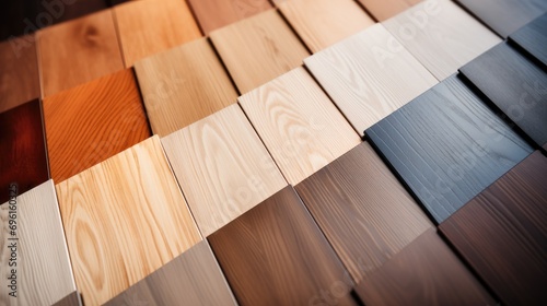 Assortment of parquet or laminate floor samples in natural colors, Oak wooden background. Generative AI. photo