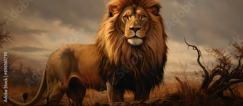 A classic painting portraying a lion with traditional brush techniques, emphasizing the elegance and timeless beauty of this regal animal. Generative AI