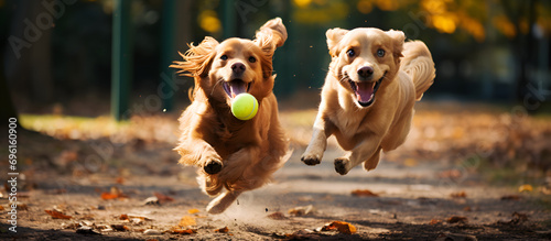 An action-packed photograph of two dogs engaged in a spirited game of fetch in the park. Generative AI