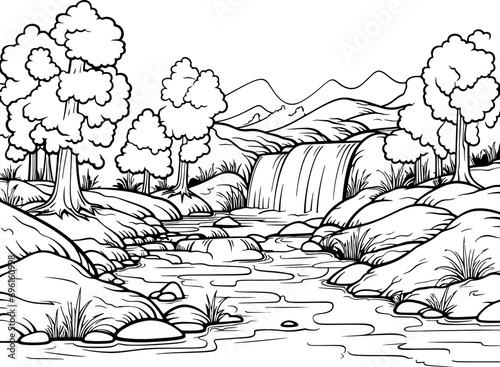 Waterfall scene landscape drawing