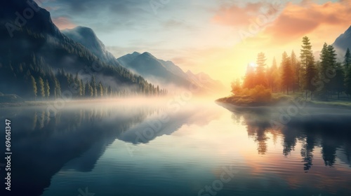 beautiful lake view with mist and mountains background © Matthew