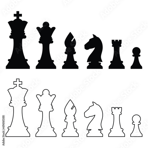 Chess piece icons set. Board game. Black silhouettes illustration. Outline set of chess vector icon for web design isolated on white background. King, queen, bishop, pawn, horse, knight, rook. photo
