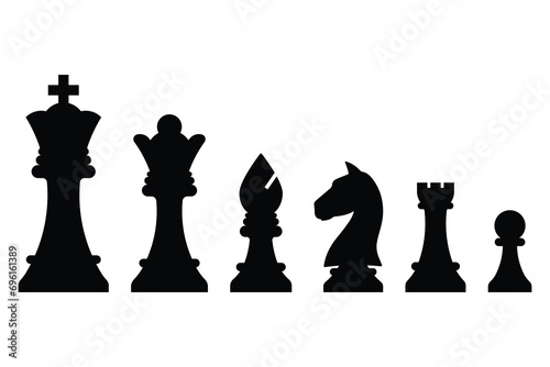 Chess piece icons set. Board game. Black silhouettes illustration. Outline set of chess vector icon for web design isolated on white background. King, queen, bishop, pawn, horse, knight, rook. photo
