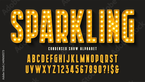 Retro cinema alphabet design, cabaret, stars shine letters and numbers.