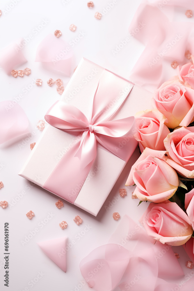 Happy Valentine day pastel white gift box with pink roses and pink ribbon Happy Valentine day pastel white gift box with pink roses and pink ribbon