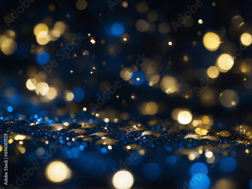 abstract bokeh lights background. gold and blue. de focused and snowflakes. Christmas and New Year concept.
