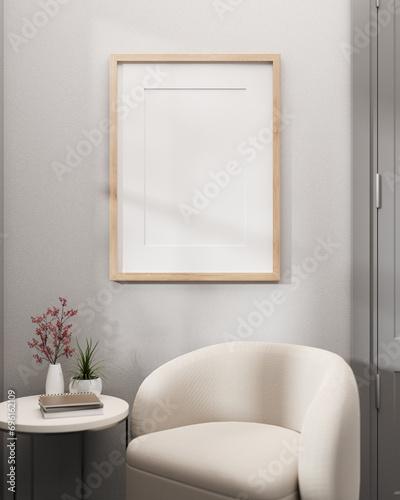 Interior design of a modern, minimalist living room with a picture frame mockup on a white wall.