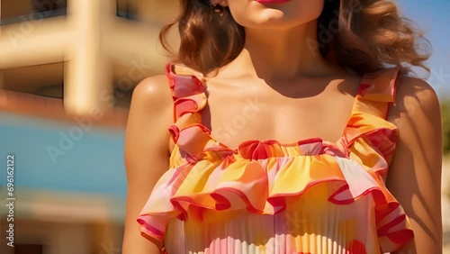Closeup of a ruffled Peach Fuzz swim dress with a fun retro print, featuring pops of red and yellow for a bold and playful look. photo