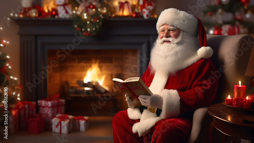 Santa Claus is getting ready for Christmas. Taking a break from his chair, Santa Claus is smiling as he reads greeting cards from children.
