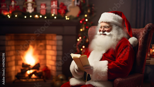 Santa Claus is getting ready for Christmas. Taking a break from his chair, Santa Claus is smiling as he reads greeting cards from children.