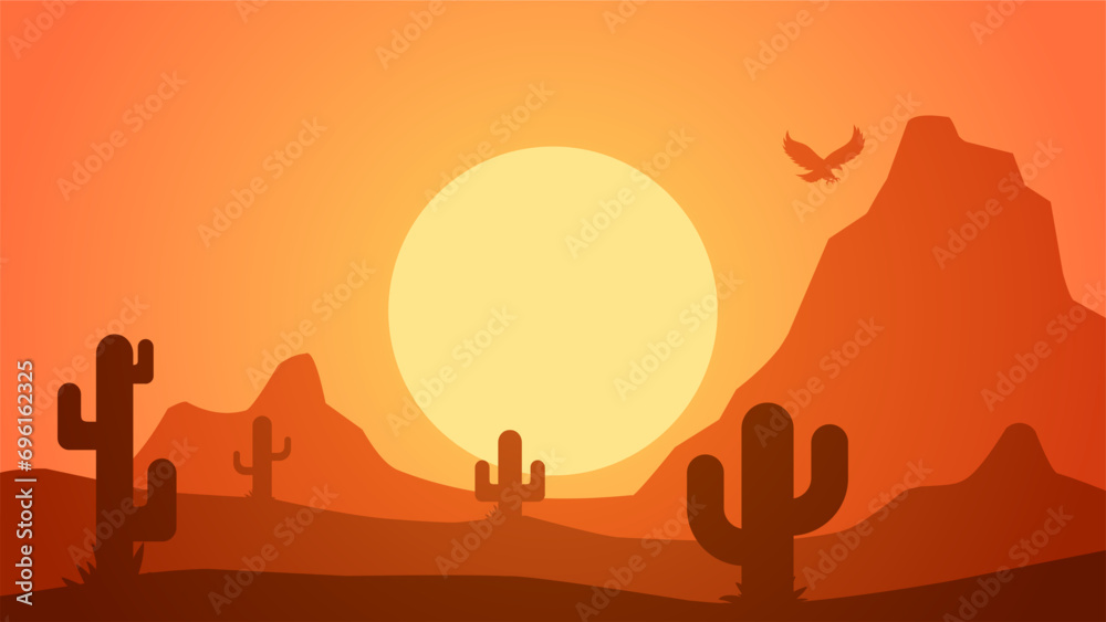 Desert landscape vector illustration. Scenery of rock desert with cactus and flock of birds in sunset. Wild west desert landscape for illustration, background or wallpaper