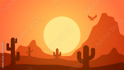 Desert landscape vector illustration. Scenery of rock desert with cactus and flock of birds in sunset. Wild west desert landscape for illustration  background or wallpaper