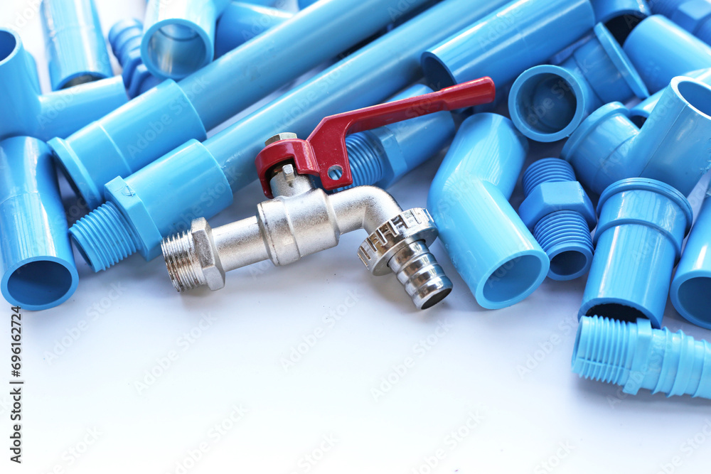 Blue pvc pipe connections for plumbing work. Plumber equipment Blue pvc pipe connections for plumbing work. Plumber equipment