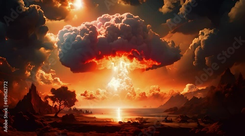 A huge explosion of a nuclear bomb with a mushroom cloud. photo