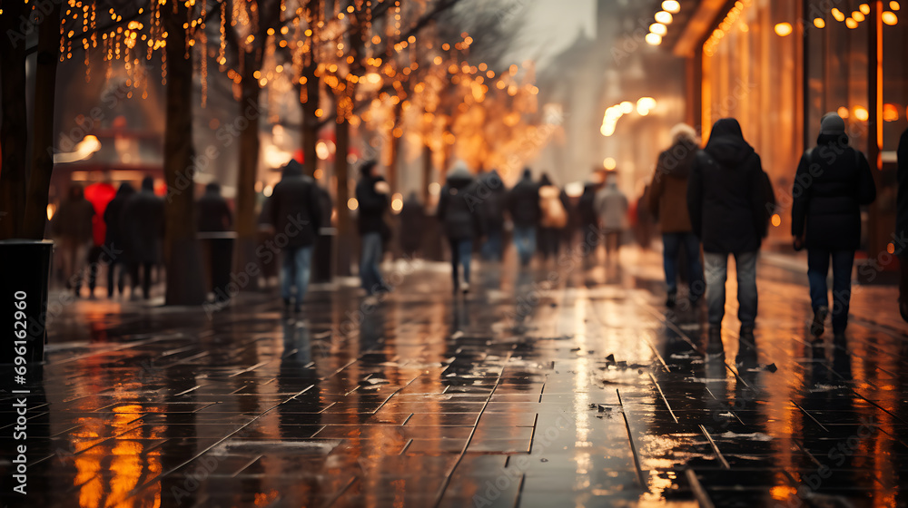 People walking down the street at Christmas time, Out focus image.
Generative AI