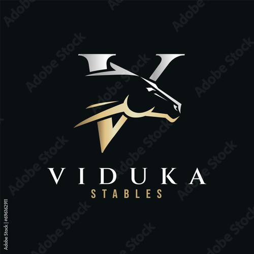 Elegant letter V monogram gold silver horse logo, letter V horse logo, horse head logo