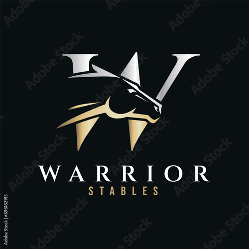 Elegant letter W monogram gold silver horse logo, letter W horse logo, horse head logo