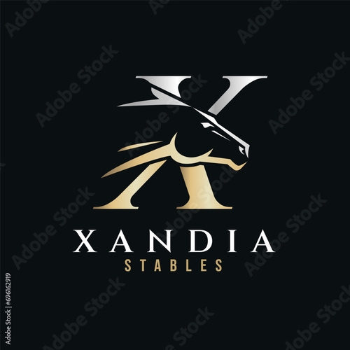 Elegant letter X monogram gold silver horse logo, letter X horse logo, horse head logo