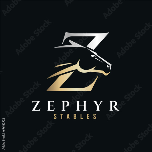 Elegant letter Z monogram gold silver horse logo, letter Z horse logo, horse head logo