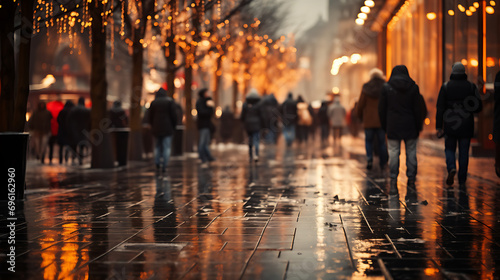 People walking down the street at Christmas time, Out focus image. Generative AI