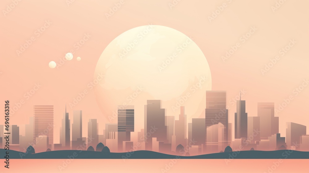 Pastel peach color cityscape under a full moon, beige abstract background