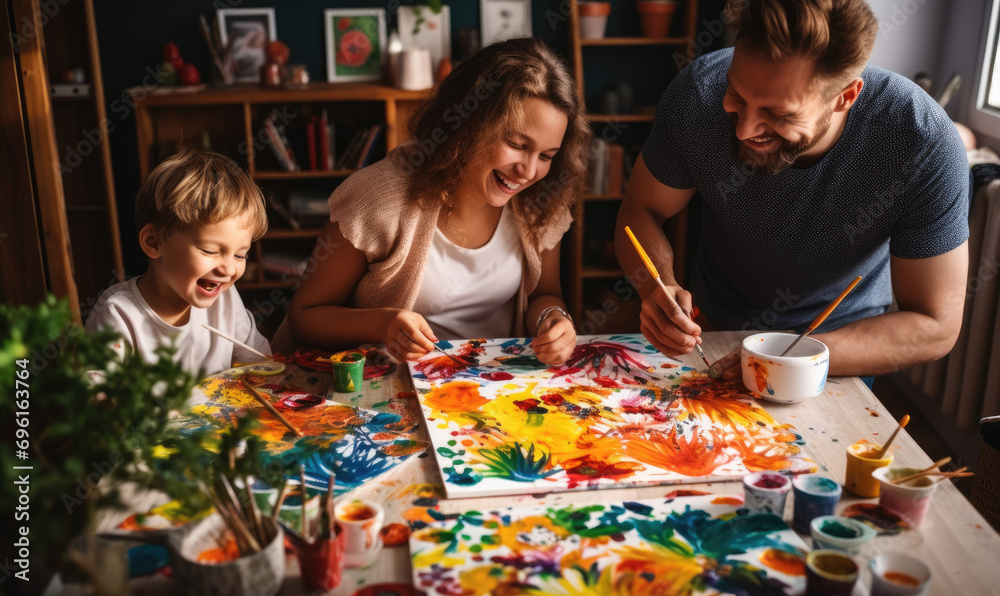 parents with children working on a painting project