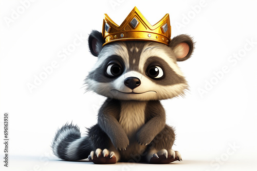 3D cartoon character of a raccoon wearing a cute crown