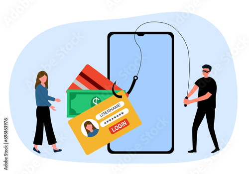 Credit card online payment scam concept. Internet phishing hacker stealing money and account from smartphone payment app. Cybercrime.