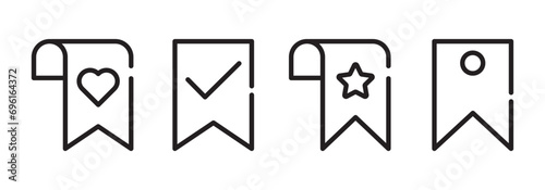Bookmark icon collection. Heart checkmark star symbol. Vector outline illustration