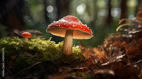 Red-Capped Mushroom in Forest. Generative AI.