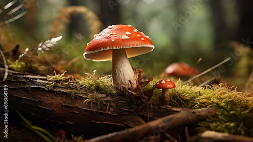 Red-Capped Mushroom in Forest. Generative AI.