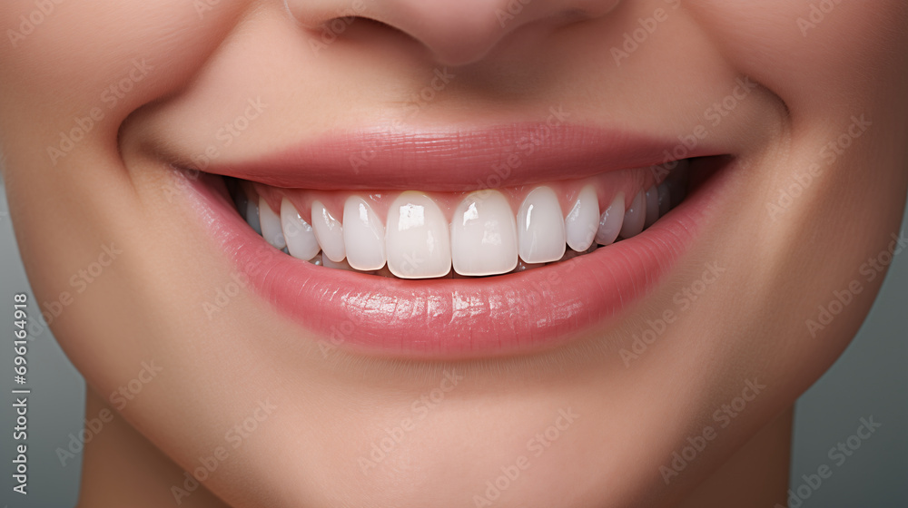 Obraz premium Close-up image showcasing a clear view of a smiling mouth with well-aligned, beautiful, and clean white teeth. Perfect for illustrating dental health. Generative AI.