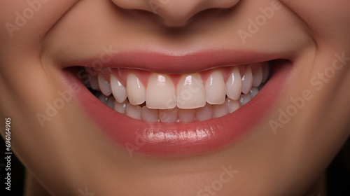 Close-up image showcasing a clear view of a smiling mouth with well-aligned, beautiful, and clean white teeth. Perfect for illustrating dental health. Generative AI.