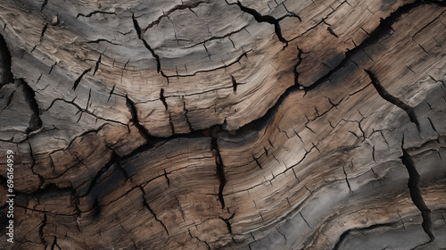 Close-up photograph of wood bark showing natural cracks and crevices. Suitable for use as a background scene. Generative AI.