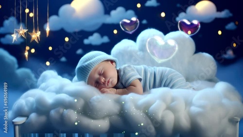 Lullaby For Babies video animation template looping Cute baby sleep at night on cloud with stars, for live wallpaper