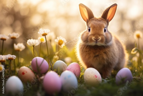 Cute rabbit surrounded by field of Easter eggs created with Generative AI © Natee Meepian