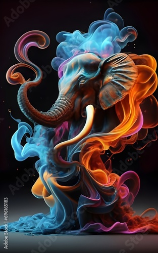 A mesmerizing figure, created entirely from swirling smoke, dances in a vibrant explosion of color. The shape of a ghostly elephant head. Motion effects add an otherworldly quality to the already ethe