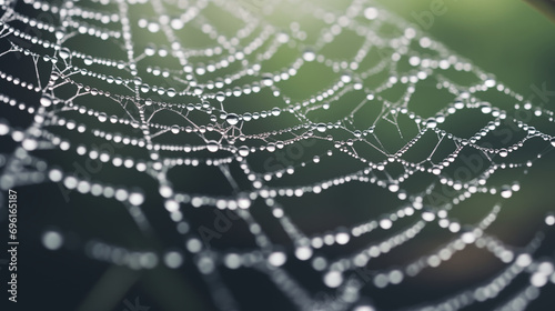 Close-up Image of Spider Web with Water Droplets Reflecting Light. Generative AI.