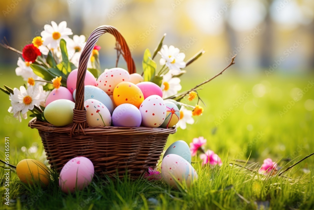 Easter Eggs Basket in a Flower field. Generative AI Easter Eggs Basket in a Flower field. Generative AI