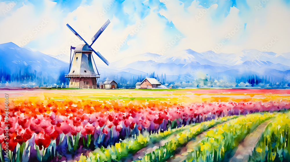 Watercolor style of a windmill standing in a field of lively flowers.