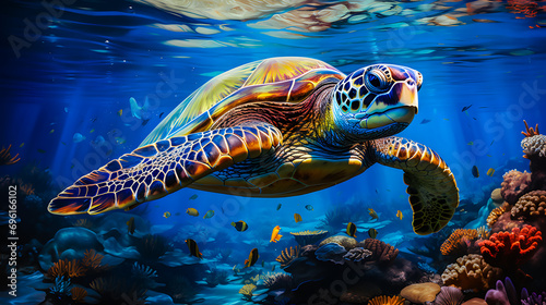 Graceful sea turtles swim in the bright blue waters of the tropical ocean. Surrounded by colorful corals Various marine life and the beauty of nature