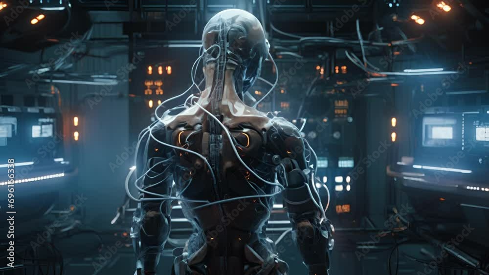 A medical lab layout covered with glowing digital circuits and complex machinery connected to cyborg body parts undergoing cyberpunk ar A medical lab layout covered with glowing digital circuits and complex machinery connected to cyborg body parts undergoing cyberpunk ar