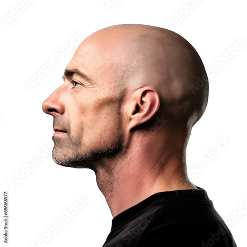 Portrait of a bald man facing sideways isolated on white, transparent background photo