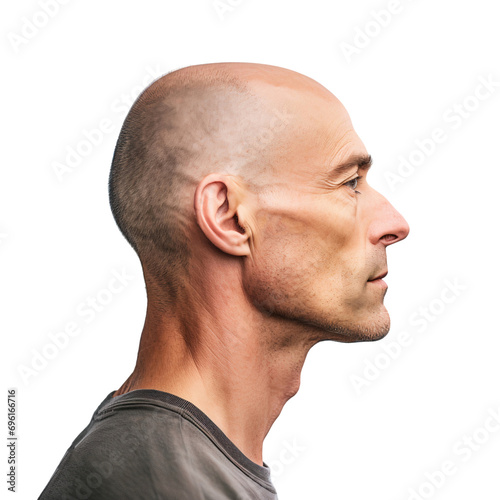 Portrait of a bald man facing sideways isolated on white, transparent background
