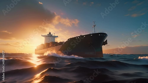 A looming cargo ship ascends slowly towards the horizon its steel hull blueblack against the vast backdrop of shimmering ocean waves. photo