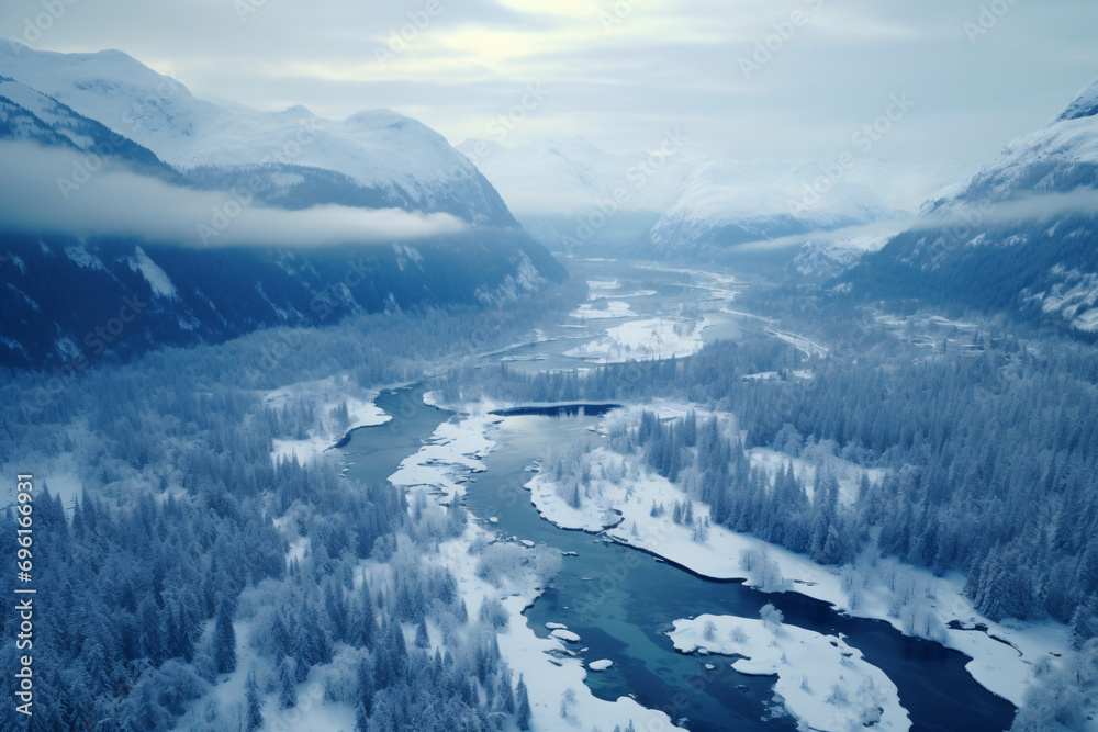 Obraz premium Aerial view of snow-covered forest landscape in winter