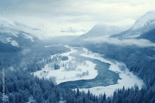 Aerial view of snow-covered forest landscape in winter 